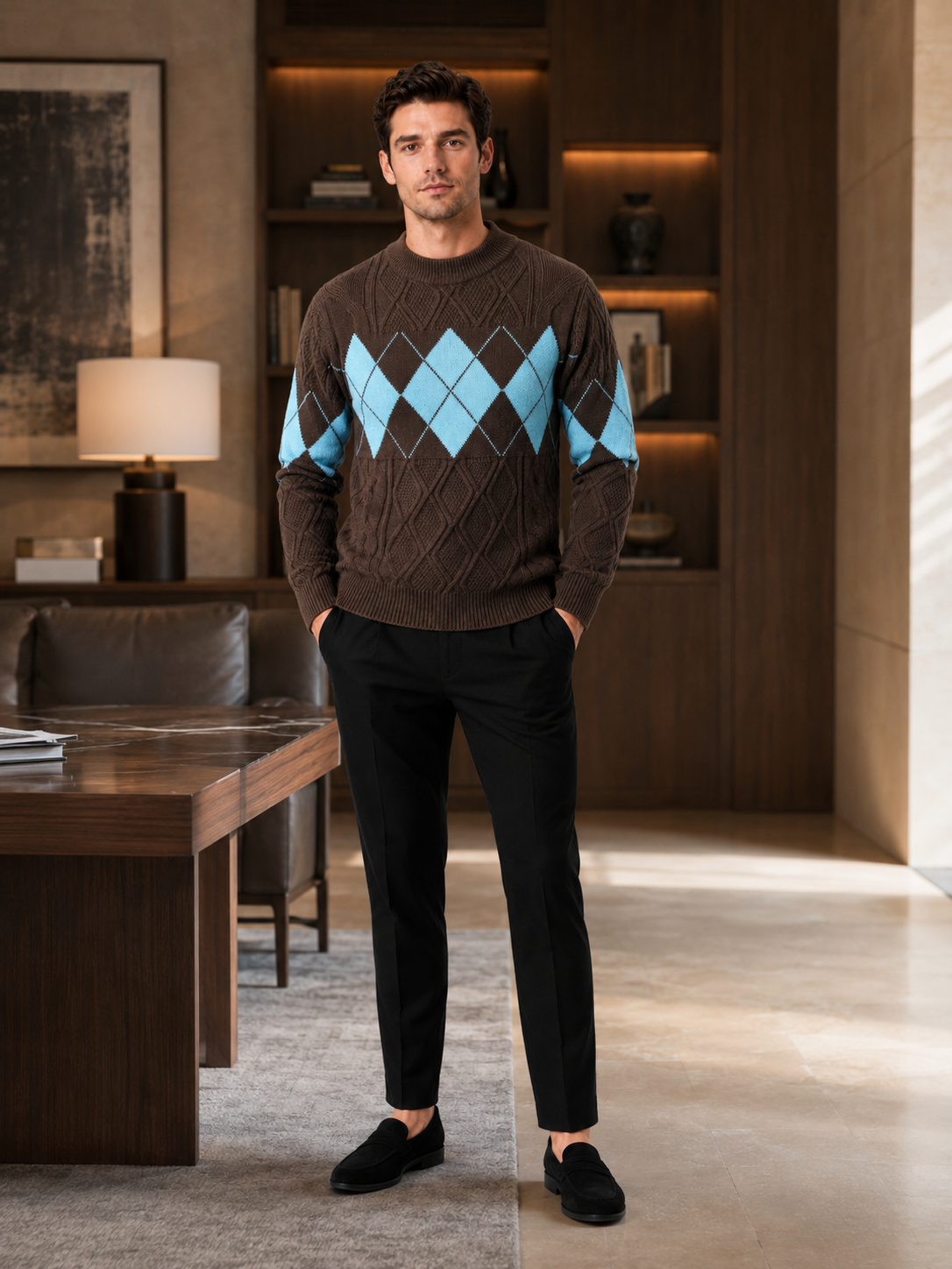 Man wearing a brown argyle cable knit mock neck sweater in a classic business casual fall winter outfit