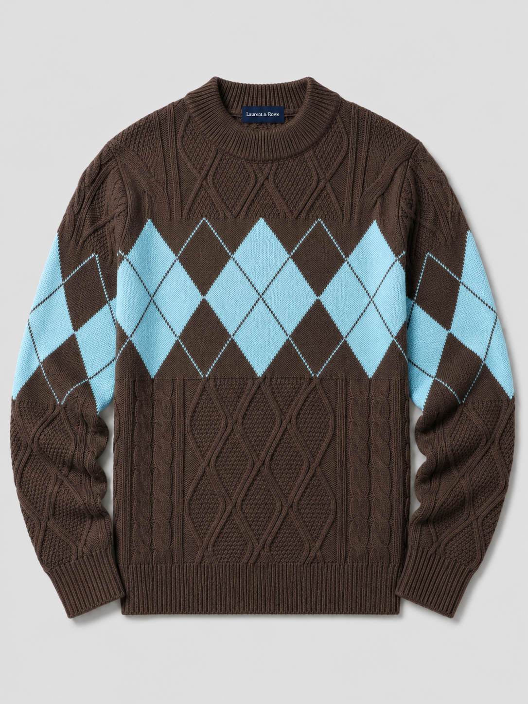 Brown men’s argyle cable knit mock neck sweater with a patchwork design displayed on a plain background