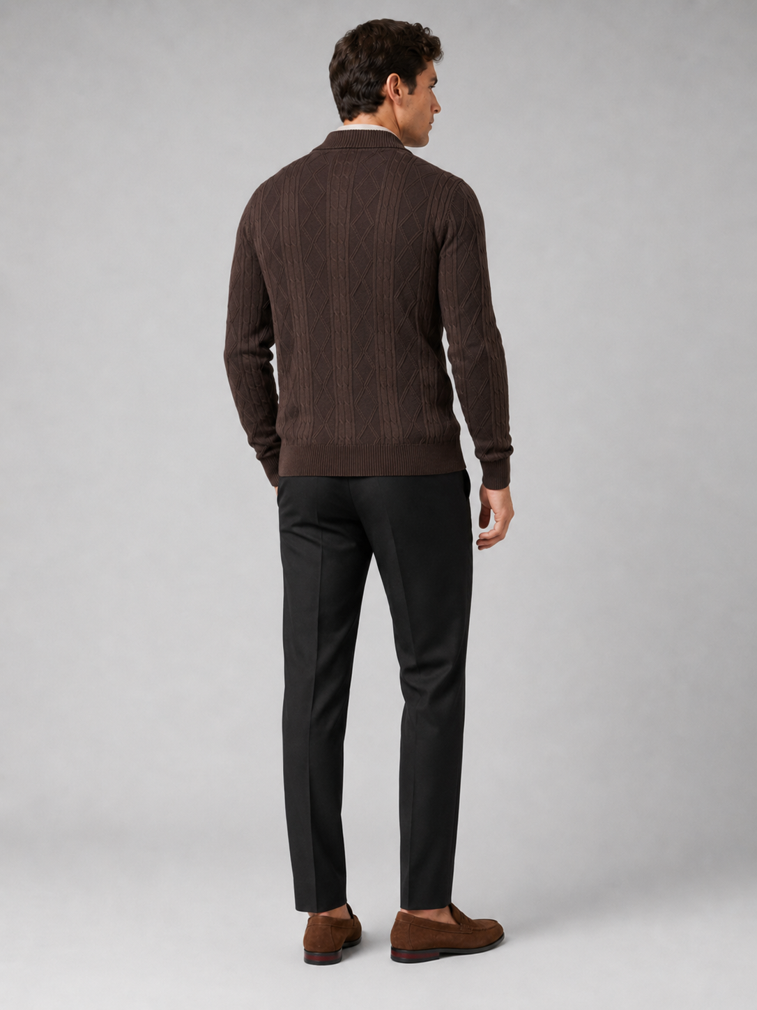 Men’s brown single breasted cardigan sweater comfortable cable knit layer for business casual outfits