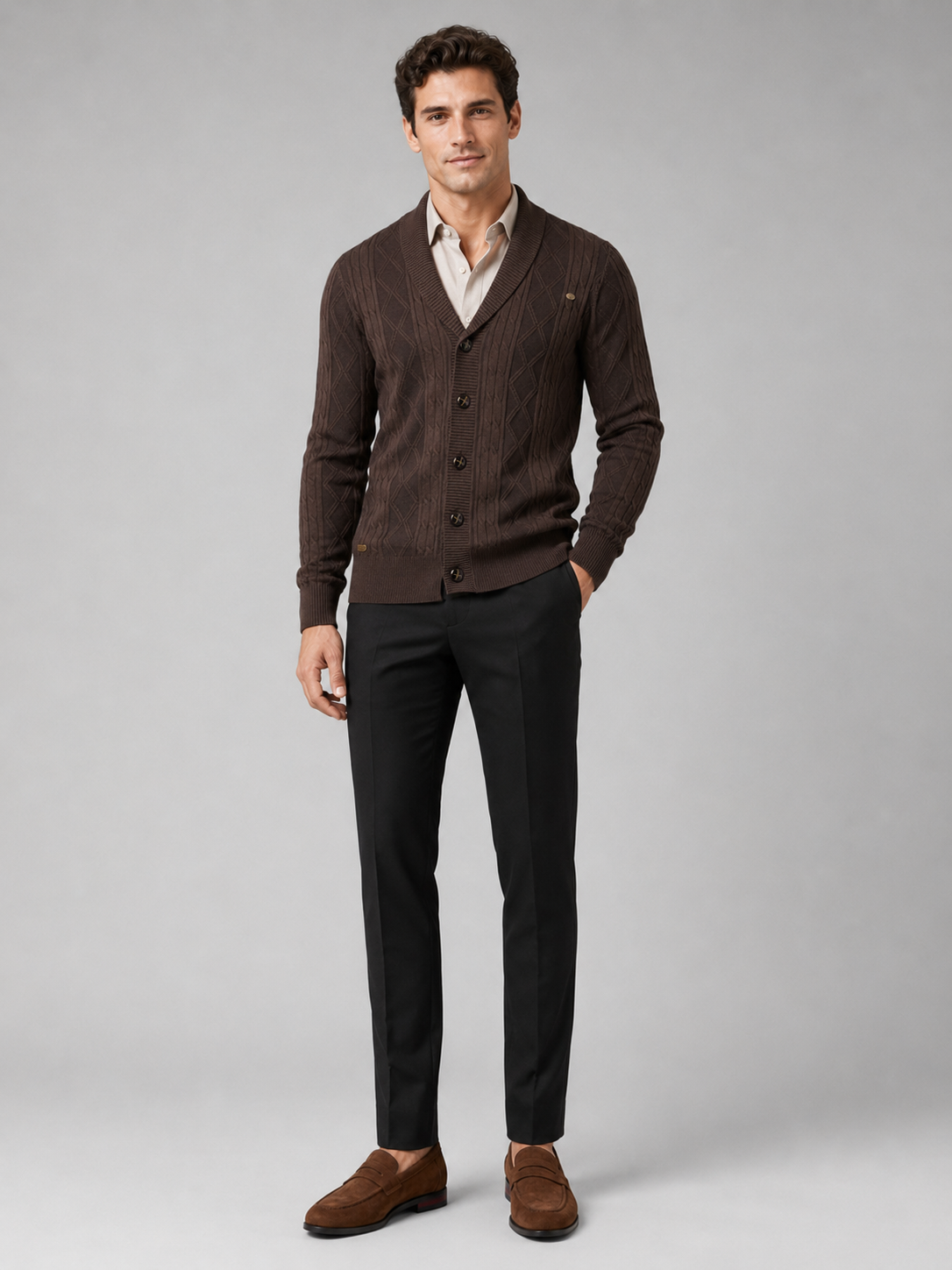 Brown argyle cardigan sweater for men cotton knit layer for office and everyday wear