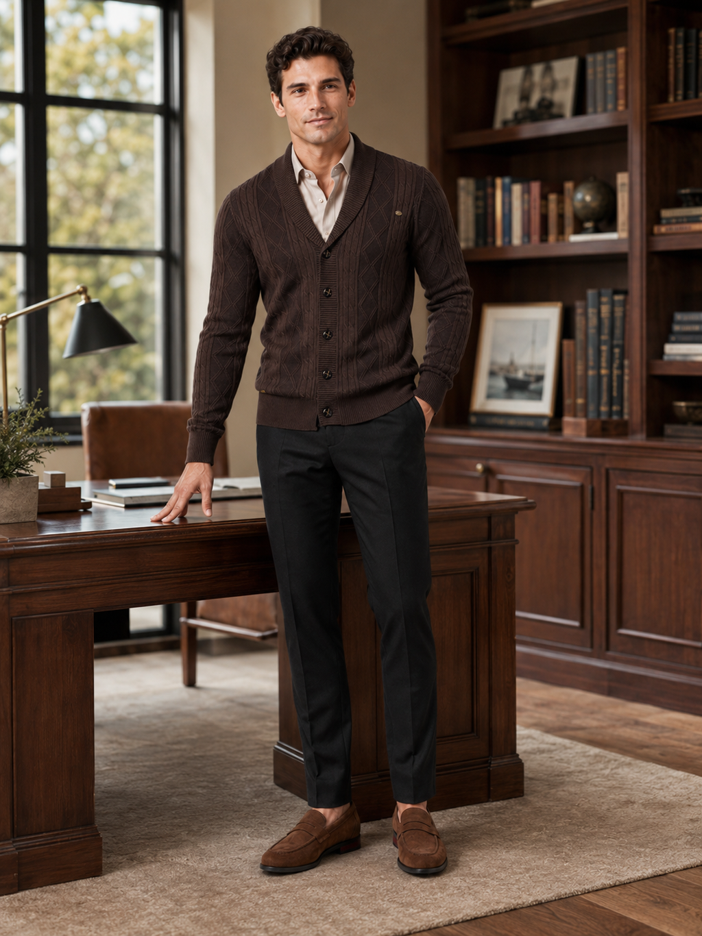 Man styling brown argyle cardigan sweater in a classic office and fall winter lifestyle outfit