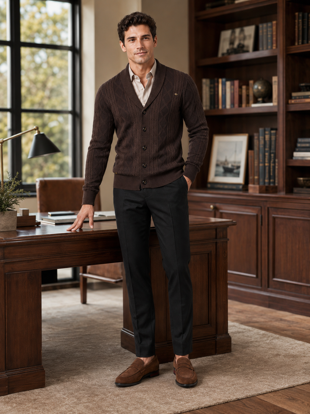 Man styling brown argyle cardigan sweater in a classic office and fall winter lifestyle outfit