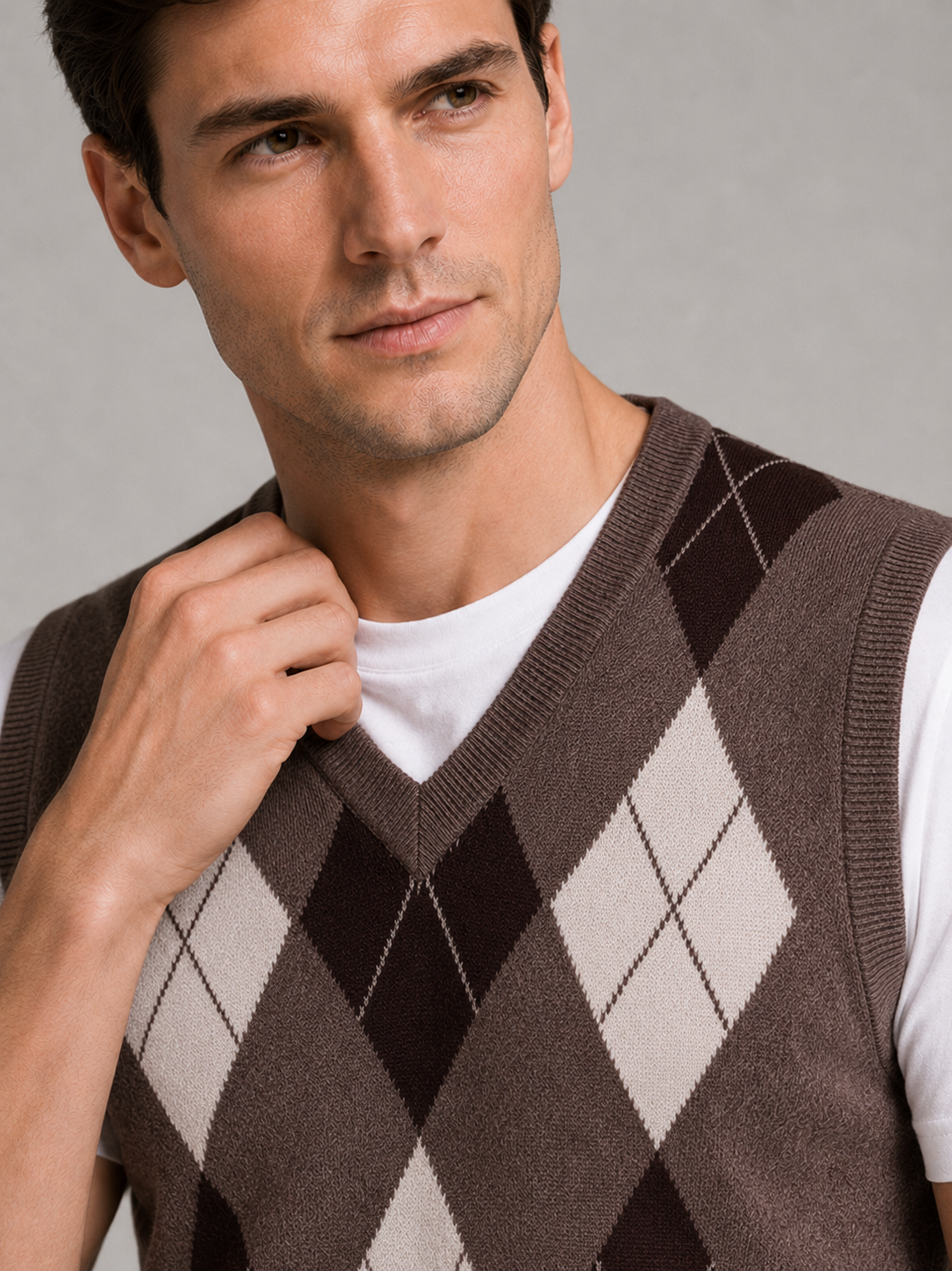 Close up of brown argyle sweater vest showing classic diamond knit pattern and refined v neck detail