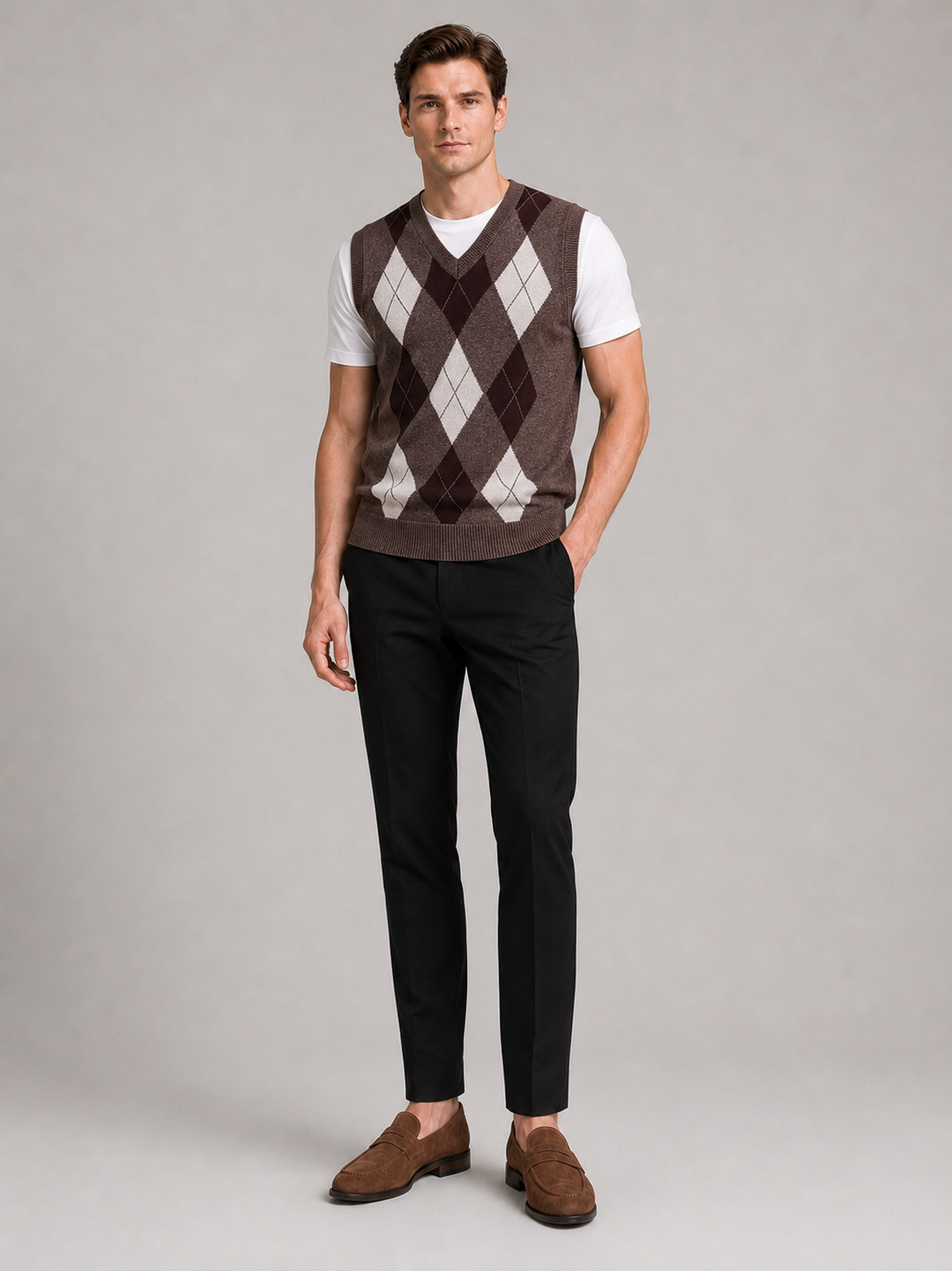 Brown argyle sweater vest for men slim fit knit layer for business casual and everyday wear
