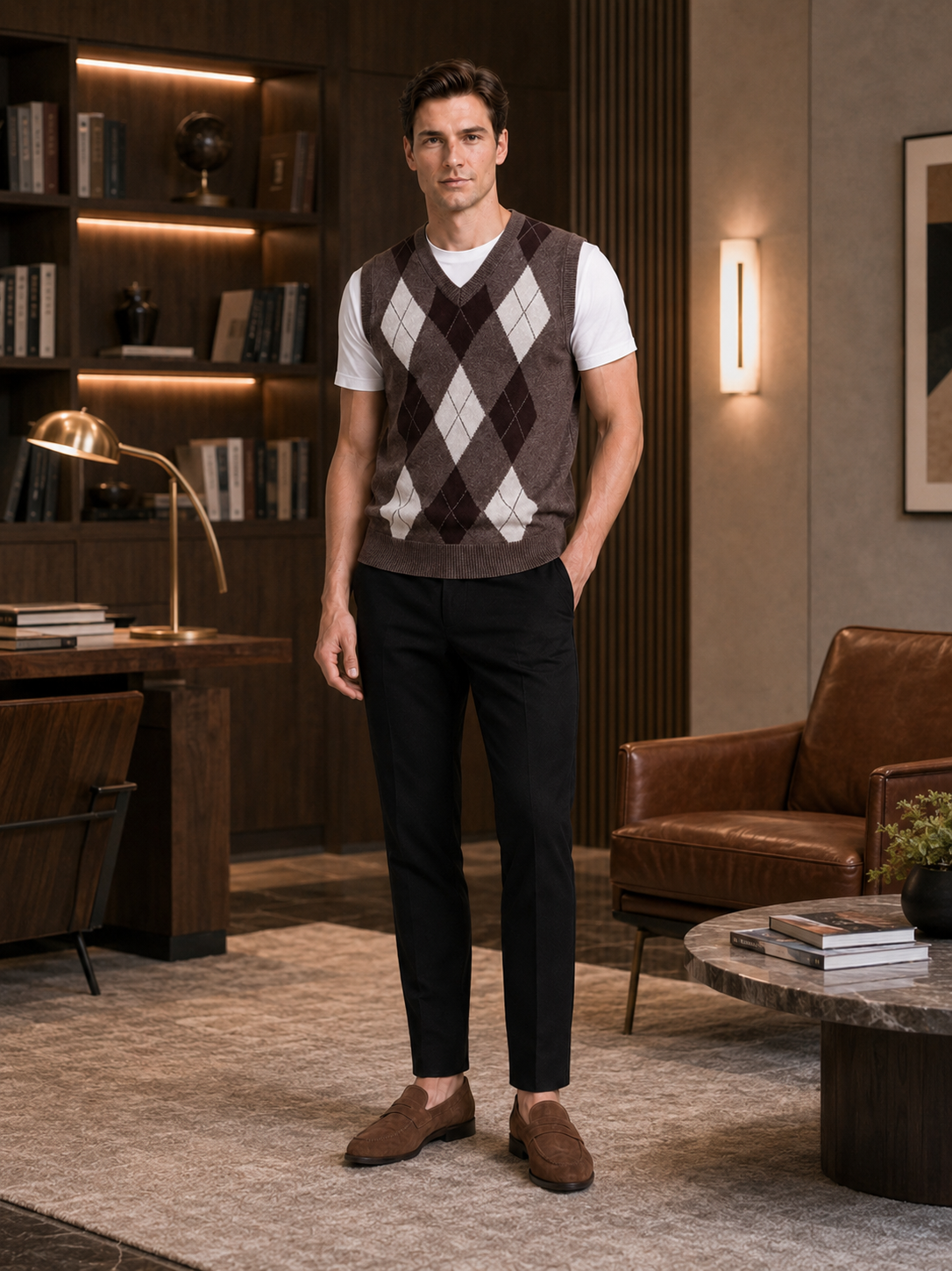 Man styling brown argyle sweater vest in a classic business casual and everyday lifestyle outfit