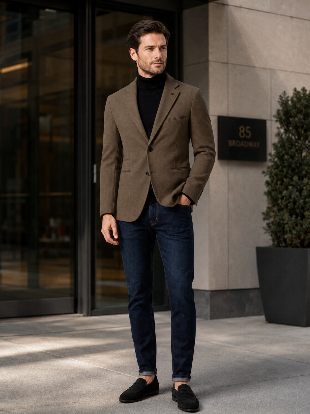 Man styling brown slim fit blazer in a refined office and business casual lifestyle outfit