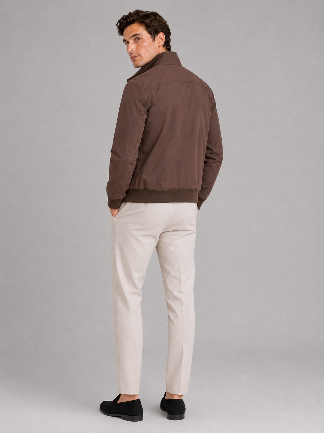 Men’s brown zip up bomber jacket comfortable fall layer for classic casual outfits
