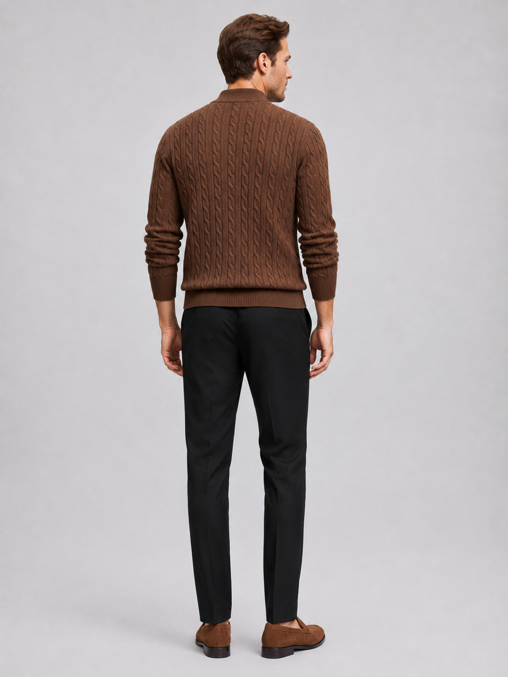 Men’s brown mock neck knit sweater comfortable cold weather layer for business casual outfits