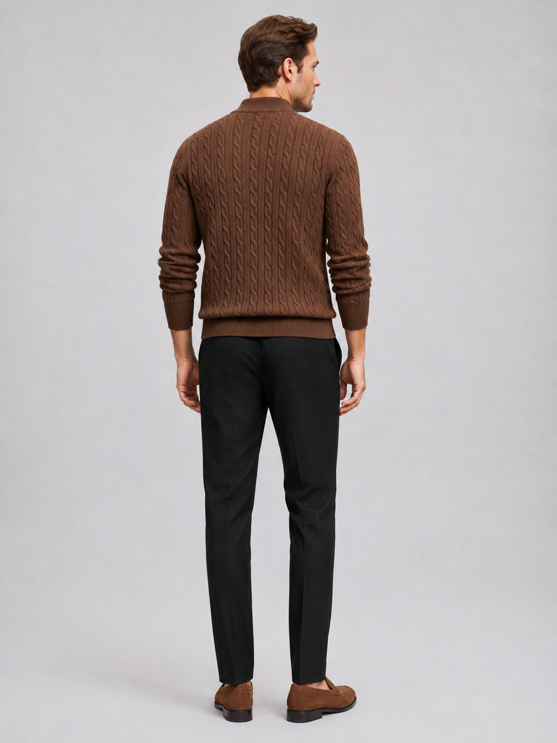 Men’s brown mock neck knit sweater comfortable cold weather layer for business casual outfits