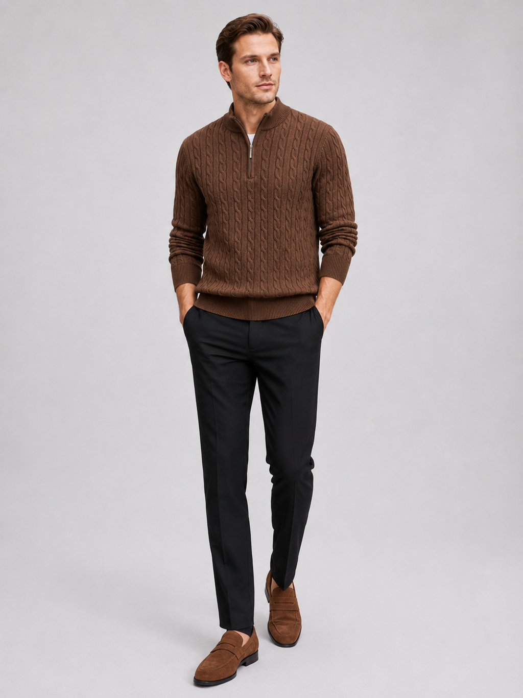 Brown quarter zip cable knit sweater for men thick warm pullover for everyday winter wear