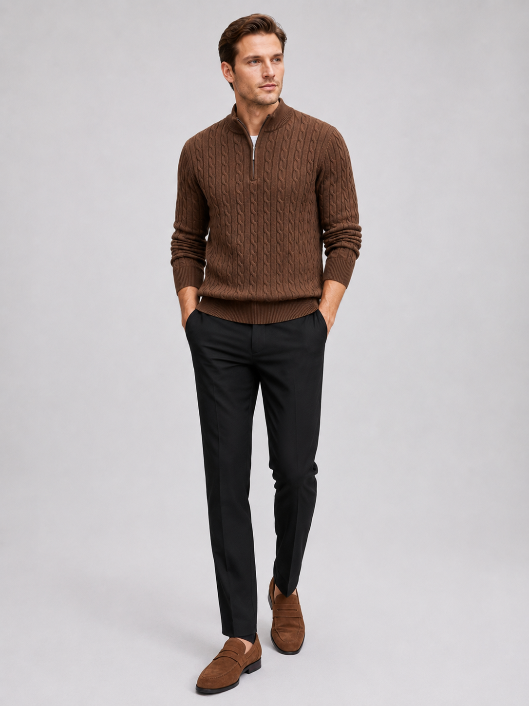 Brown quarter zip cable knit sweater for men thick warm pullover for everyday winter wear
