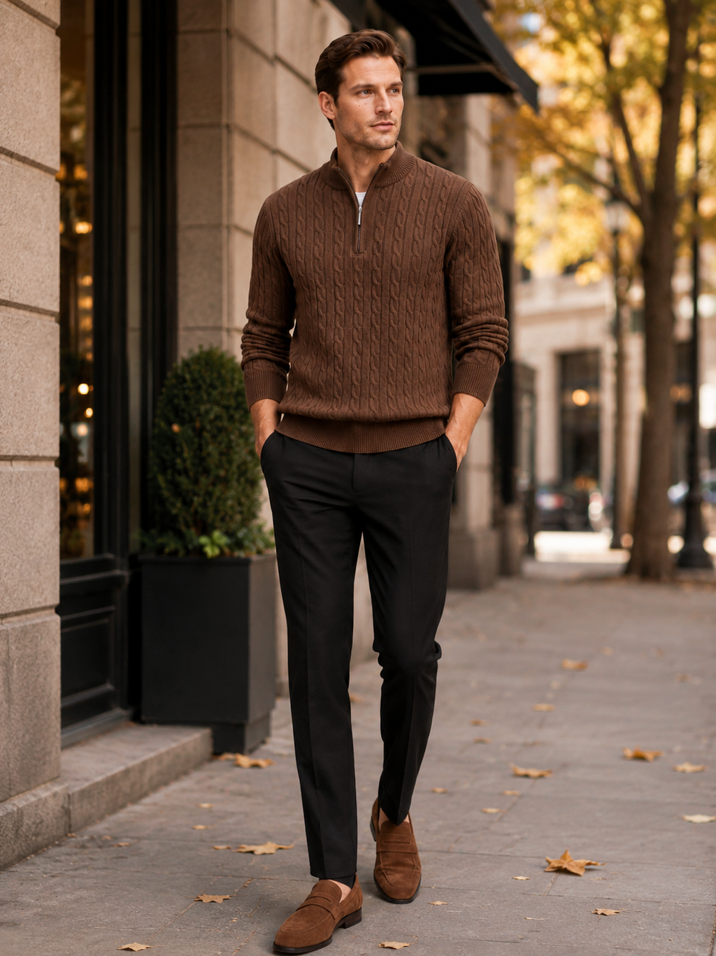 Man styling brown cable knit quarter zip sweater in a classic fall winter everyday outfit