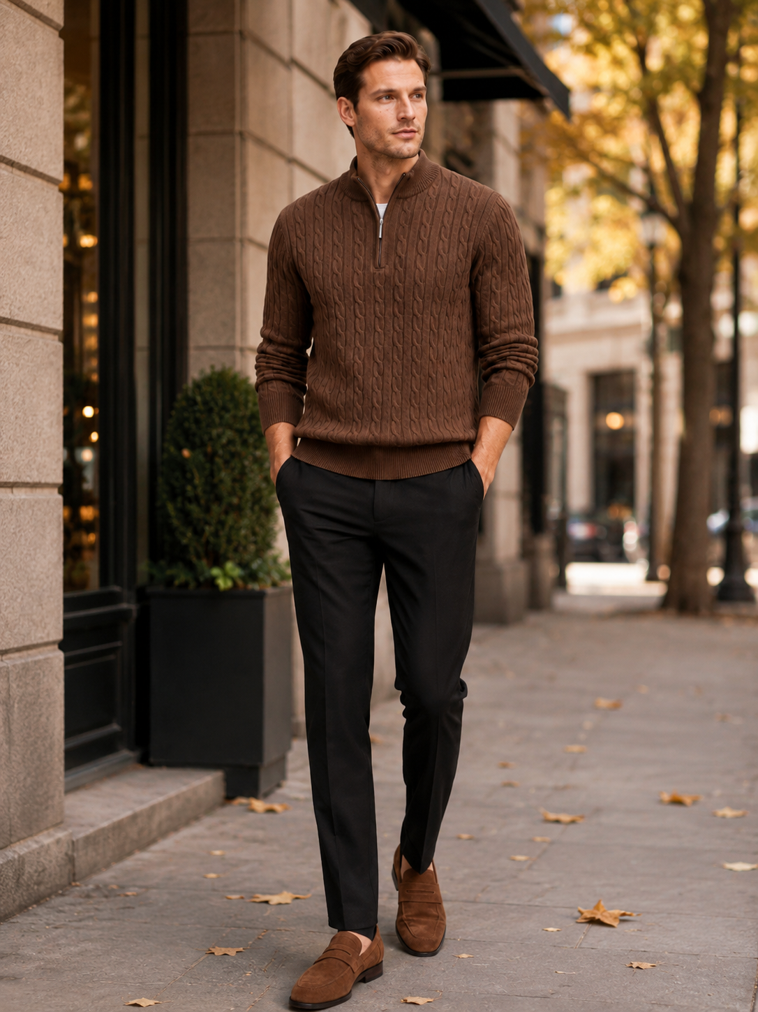 Man styling brown cable knit quarter zip sweater in a classic fall winter everyday outfit