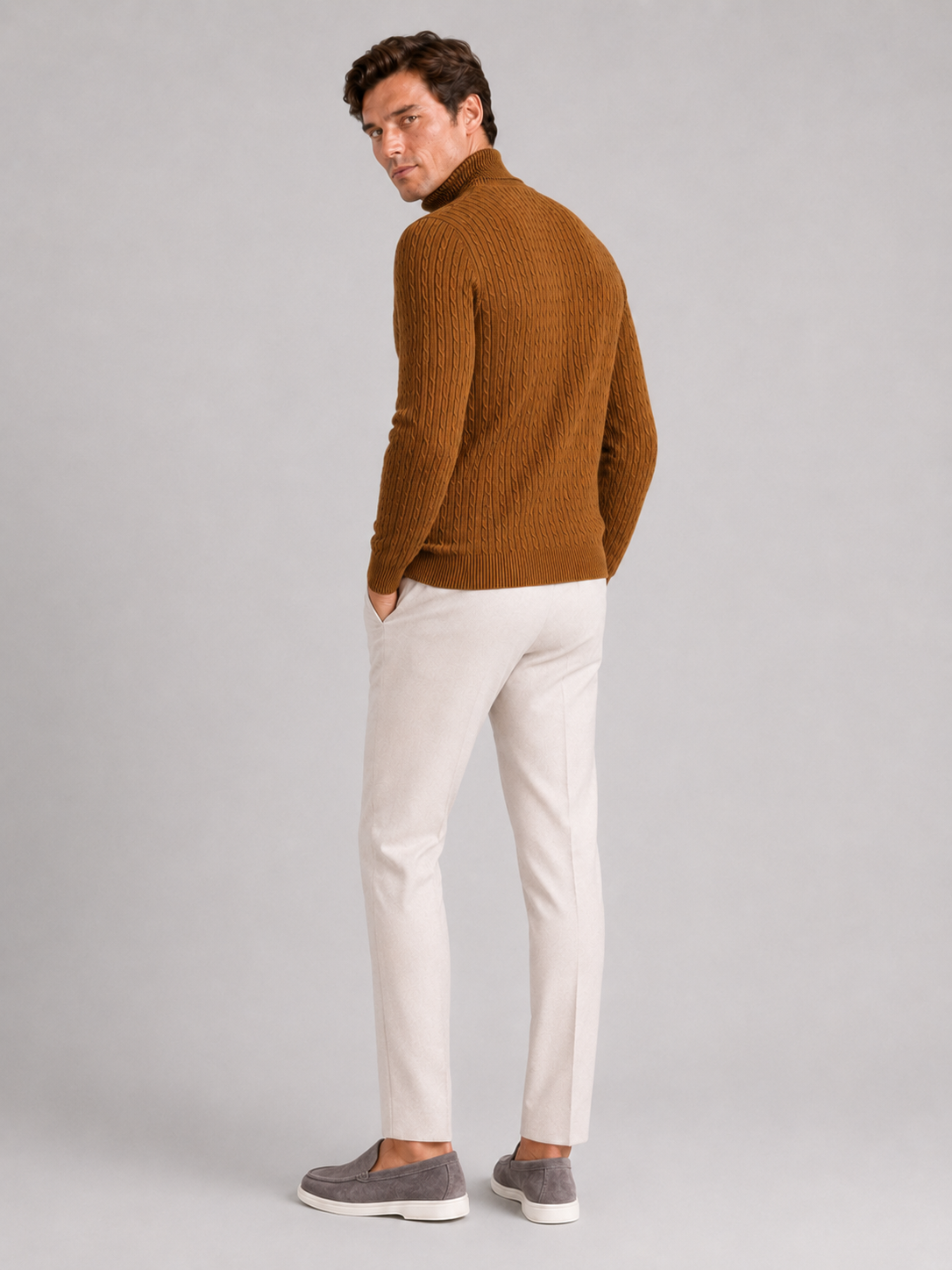 Men’s brown heavyweight knit turtleneck warm sweater for casual cold weather outfits