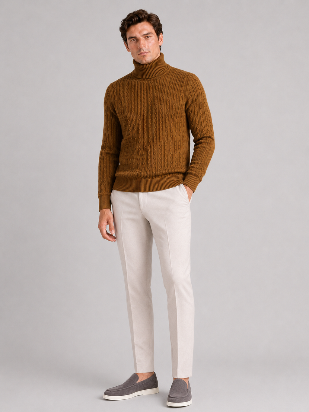 Brown cable knit turtleneck sweater for men slim fit heavyweight pullover for winter wear