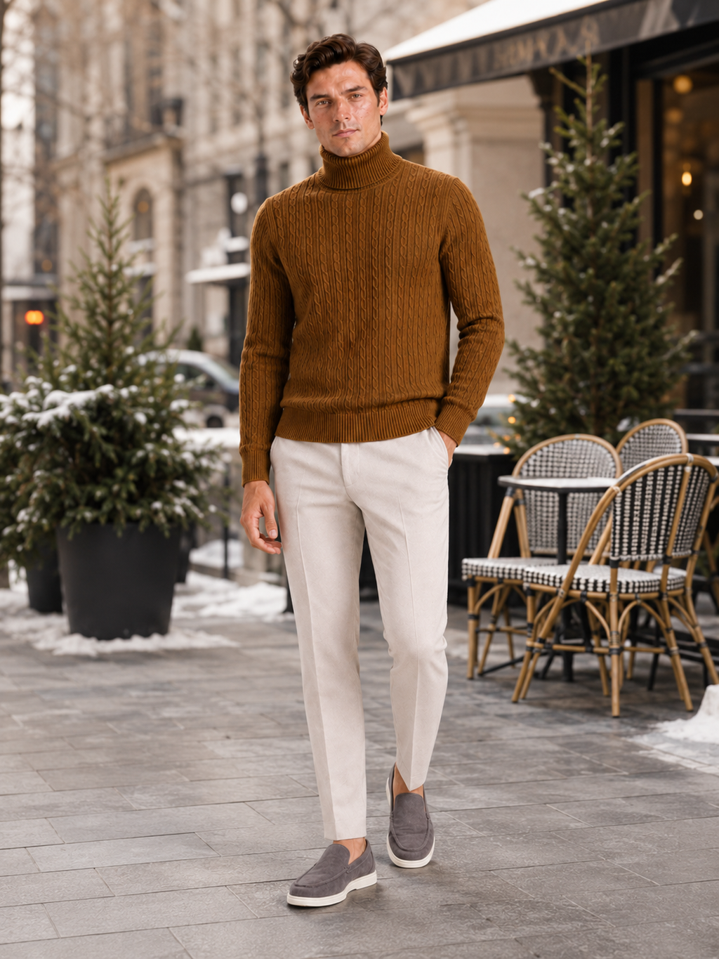 Man styling brown cable knit turtleneck sweater in a warm winter lifestyle outfit