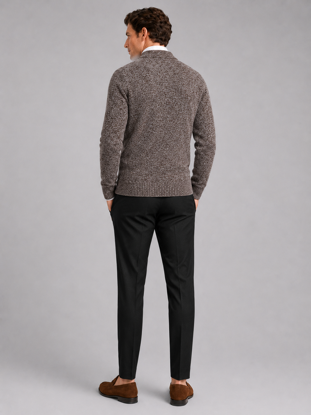Men’s brown knit cardigan long sleeve sweater for business casual and smart casual outfits