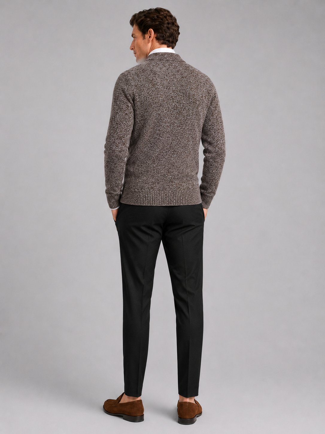Men’s brown knit cardigan long sleeve sweater for business casual and smart casual outfits