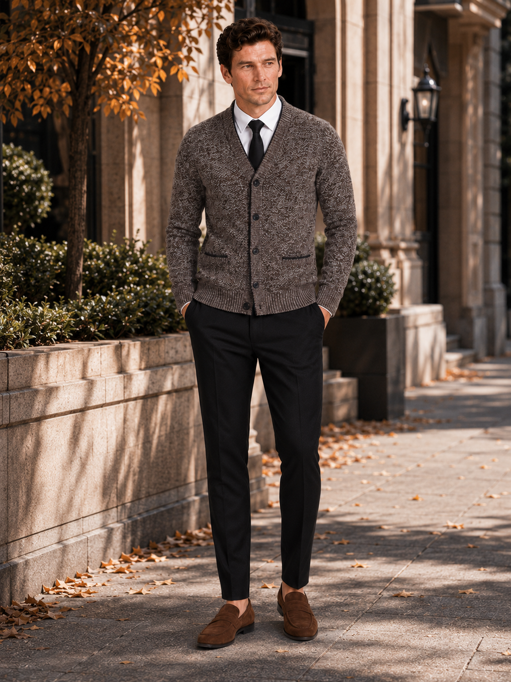 Man styling brown v neck cardigan sweater in a classic fall winter lifestyle outfit