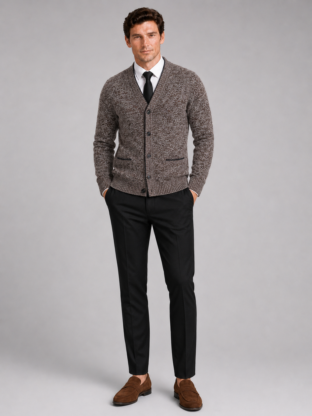 Brown v neck cardigan sweater for men comfortable knit layer for everyday winter wear