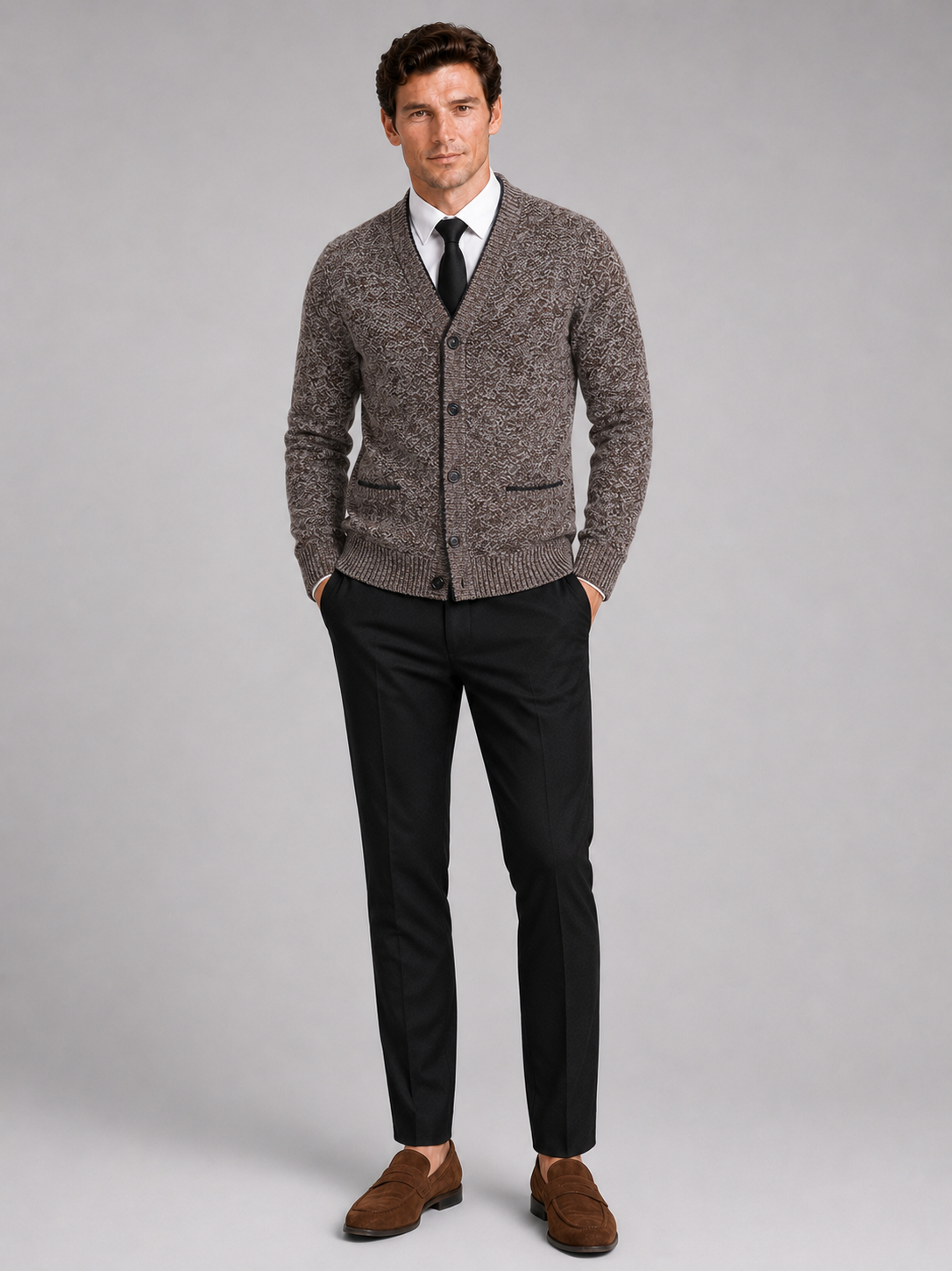 Brown v neck cardigan sweater for men comfortable knit layer for everyday winter wear
