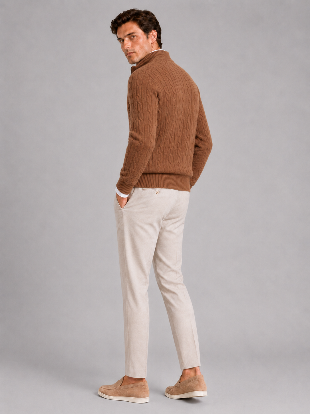 Men’s brown cable knit cashmere sweater luxury warm top for business casual outfits