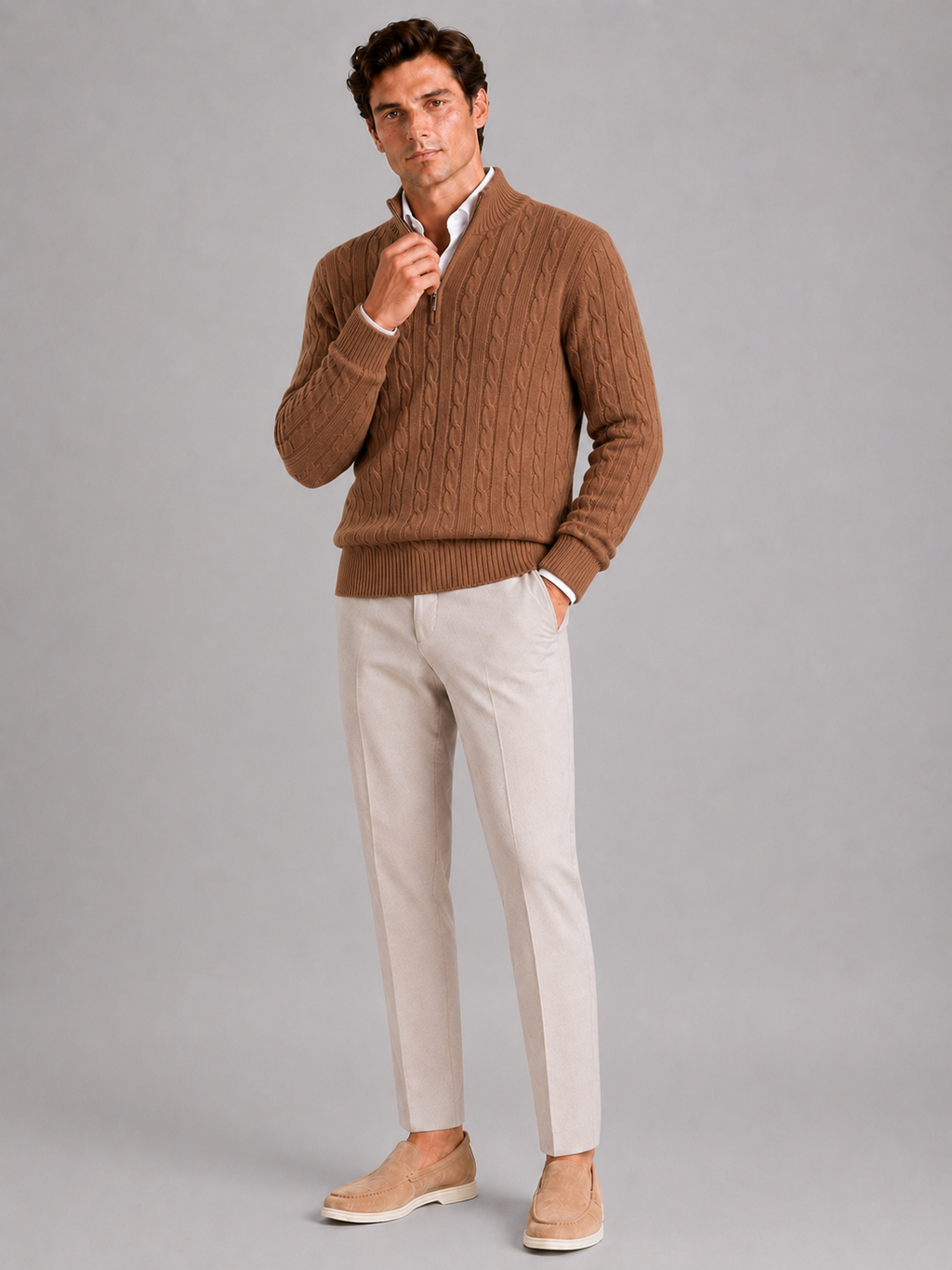 Brown pure cashmere quarter zip sweater for men warm pullover for everyday winter wear