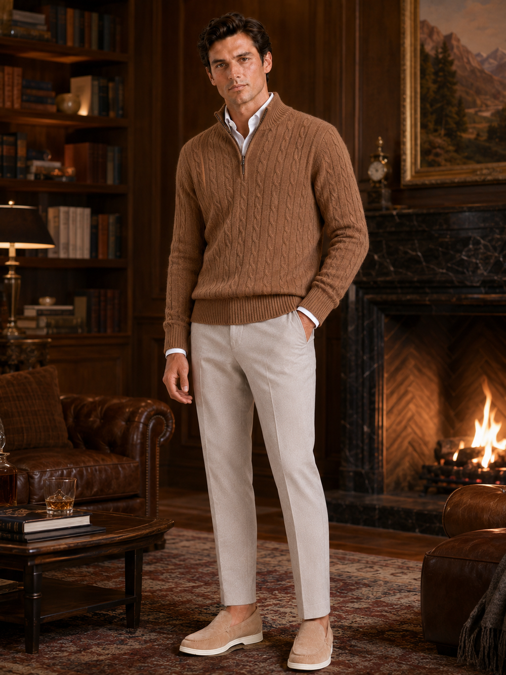 Man styling brown cashmere quarter zip sweater in a refined fall winter lifestyle outfit