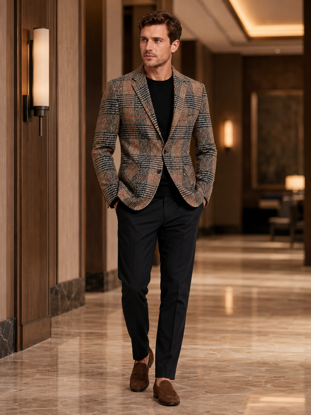 Man wearing a brown checkered slim fit blazer in a business casual outfit for a wedding, banquet, or office