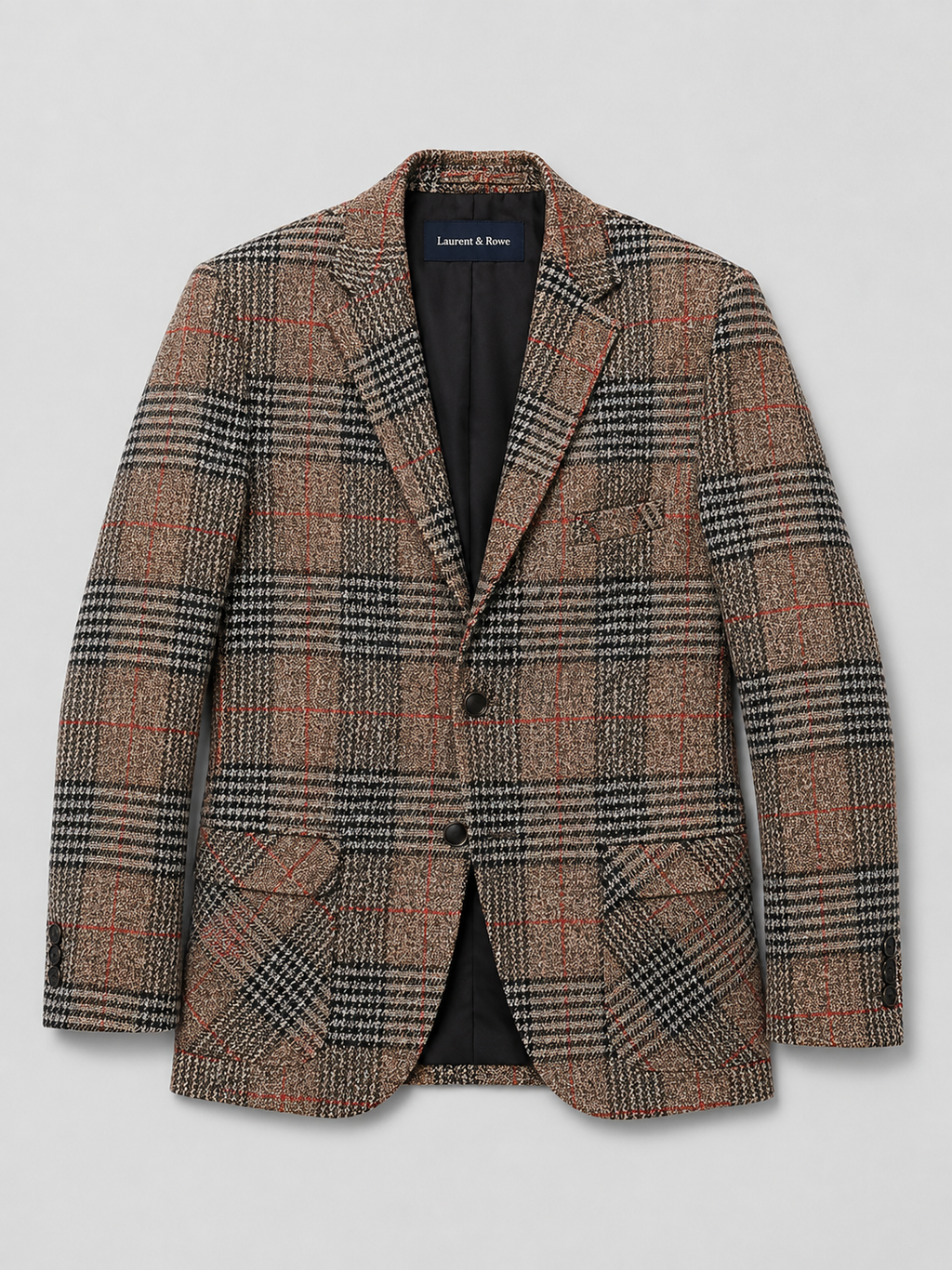 Brown men’s checkered slim fit blazer with a notched lapel displayed on a plain background