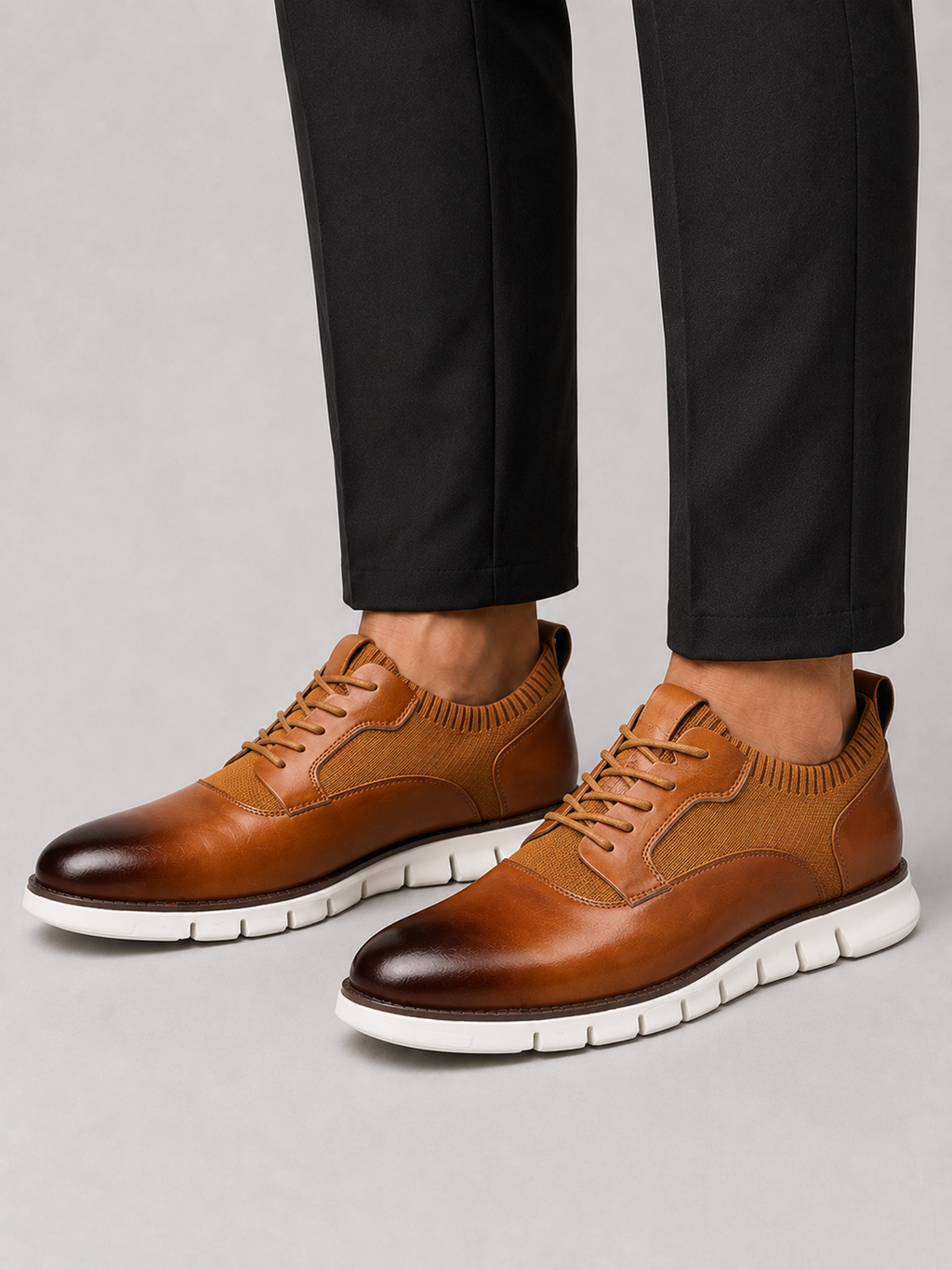 Men wearing brown comfort dress shoes lace up round toe non slip business casual style