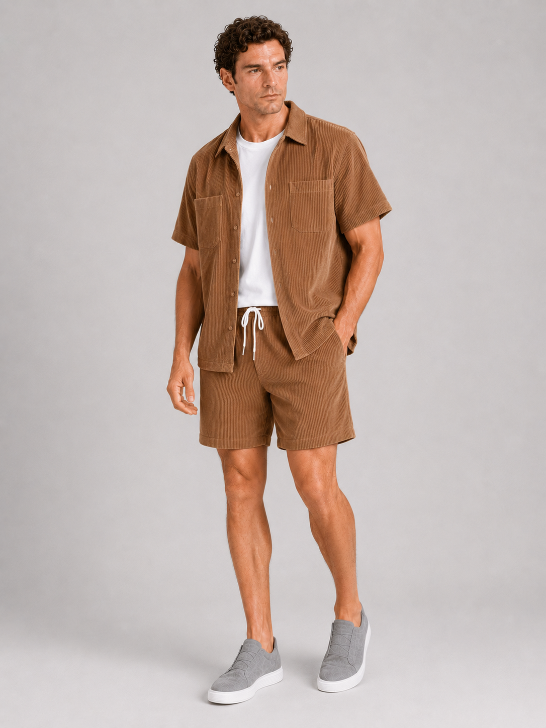 Brown corduroy matching shirt and shorts set for men relaxed summer beachwear outfit