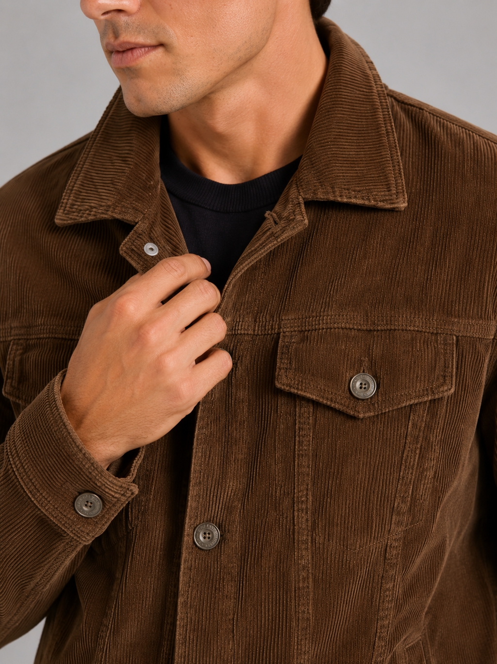 Close up of brown corduroy jacket showing soft ribbed texture and refined fabric detail