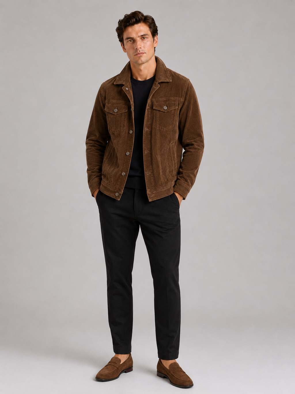Brown corduroy jacket for men slim fit long sleeve outerwear for everyday fall wear
