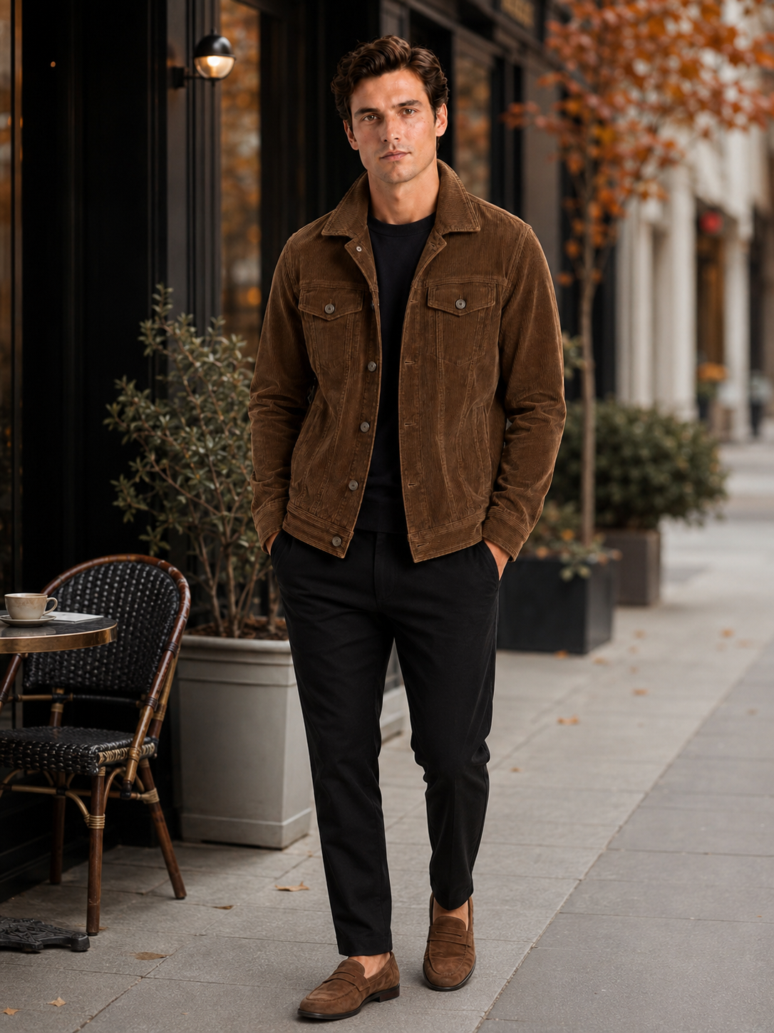 Man styling brown corduroy fall jacket in a refined everyday lifestyle outfit
