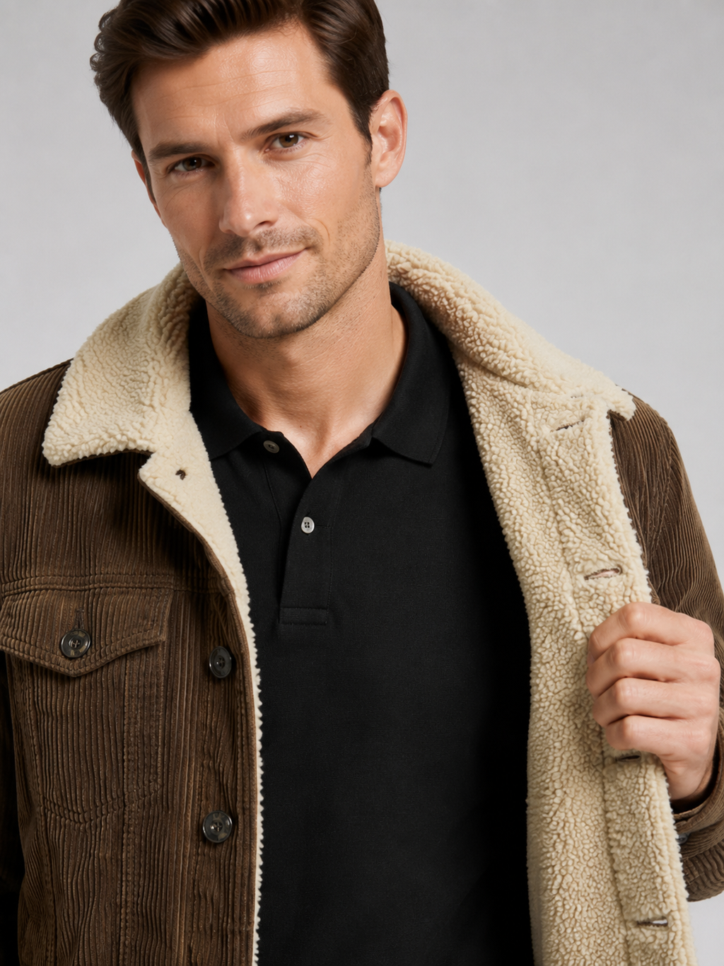 Close up of brown corduroy jacket showing soft ribbed texture, cotton padding, and button front detail