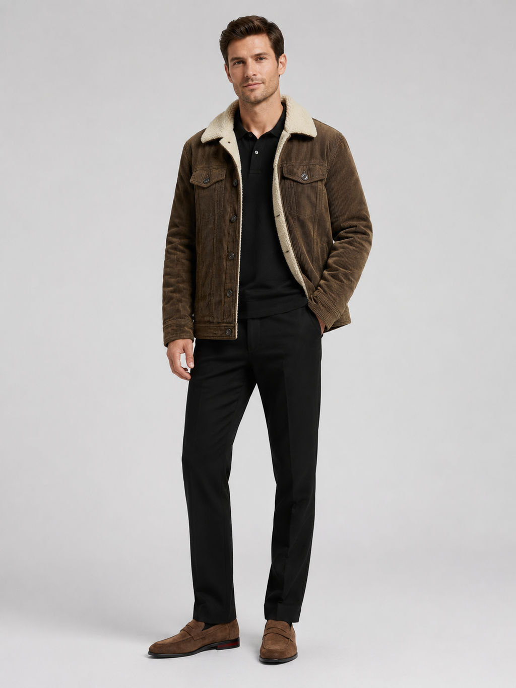 Brown corduroy jacket for men warm loose fit winter coat for everyday and outdoor wear