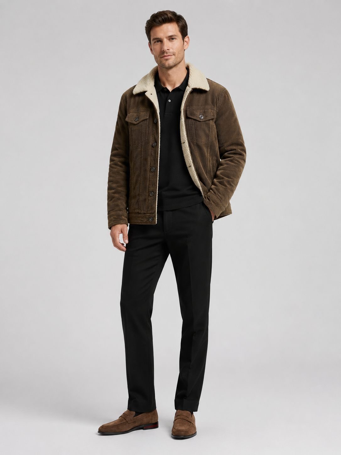 Brown corduroy jacket for men warm loose fit winter coat for everyday and outdoor wear