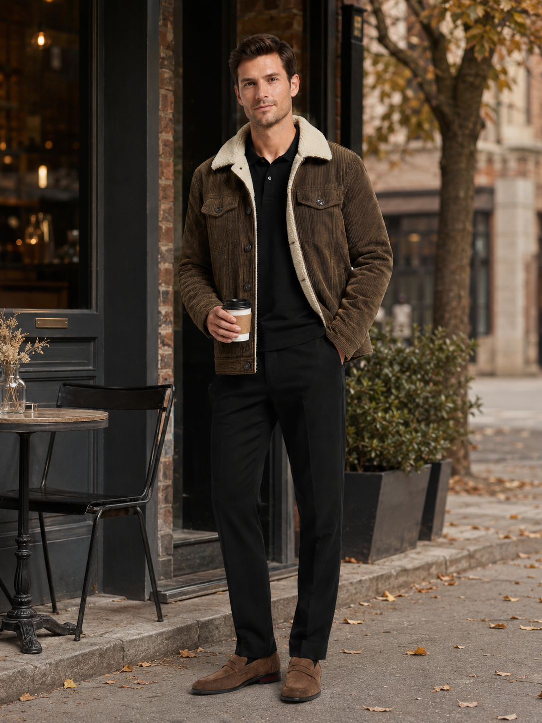 Man styling brown corduroy jacket in a rugged outdoor and everyday winter lifestyle outfit