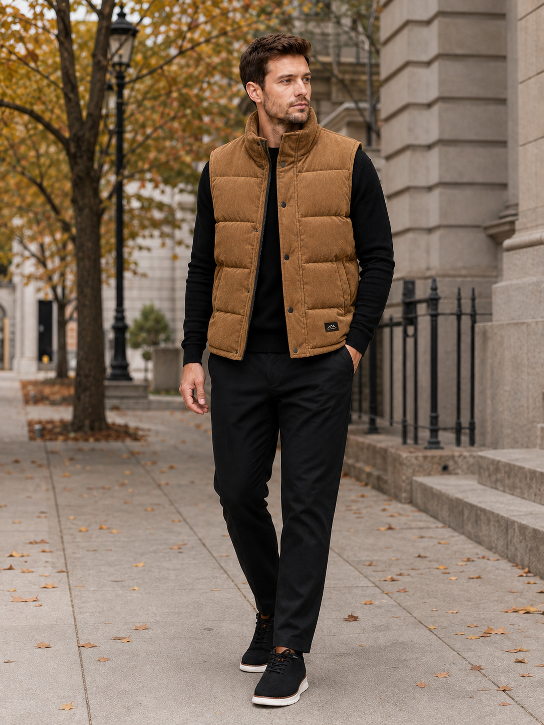 Man wearing a brown corduroy puffer vest in a casual fall winter outfit for outdoor and everyday wear