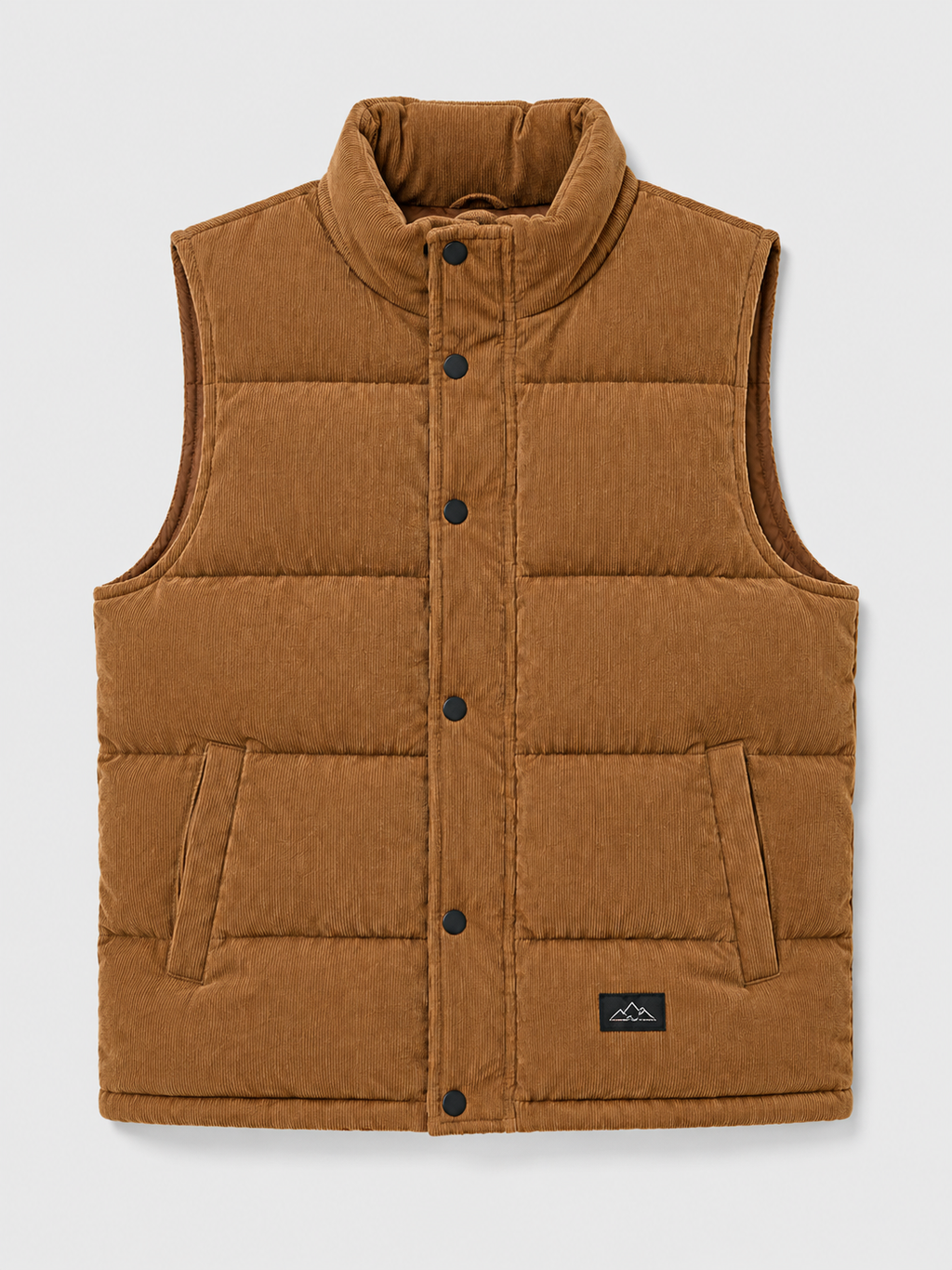 Brown men’s thick padded corduroy puffer vest with a stand collar displayed on a plain background