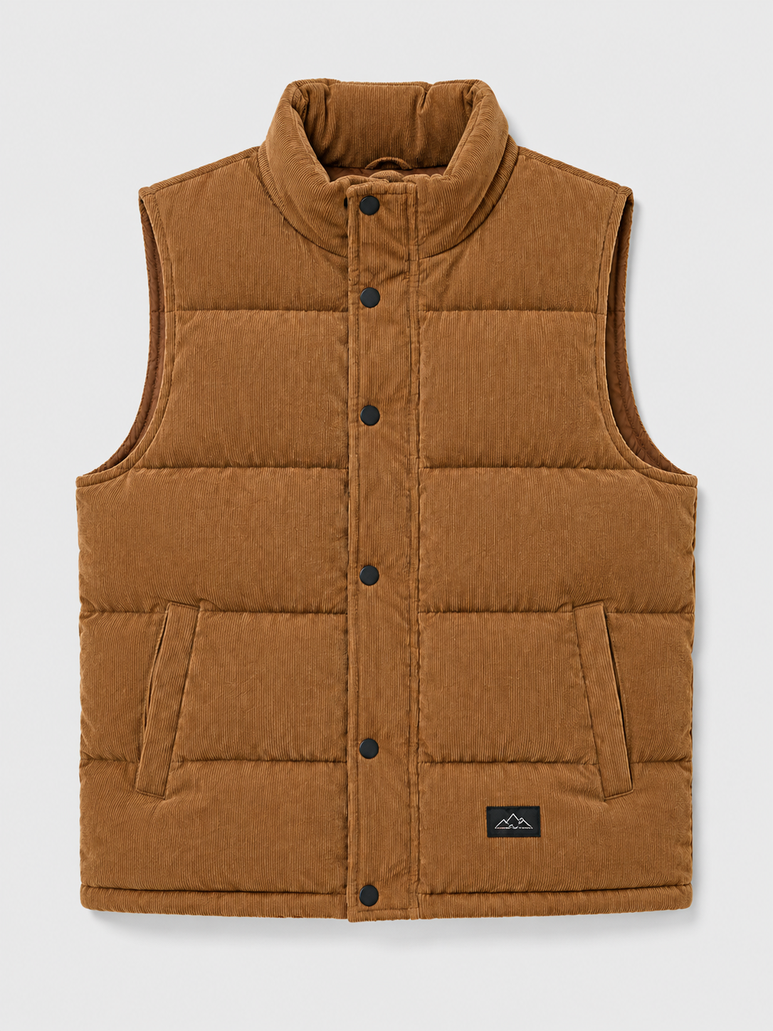Brown men’s thick padded corduroy puffer vest with a stand collar displayed on a plain background
