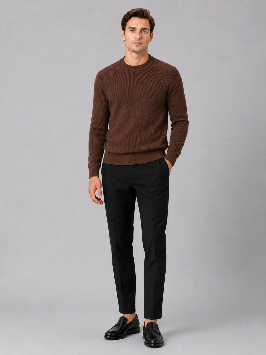Brown crew neck sweater for men slim fit winter pullover for everyday and office wear