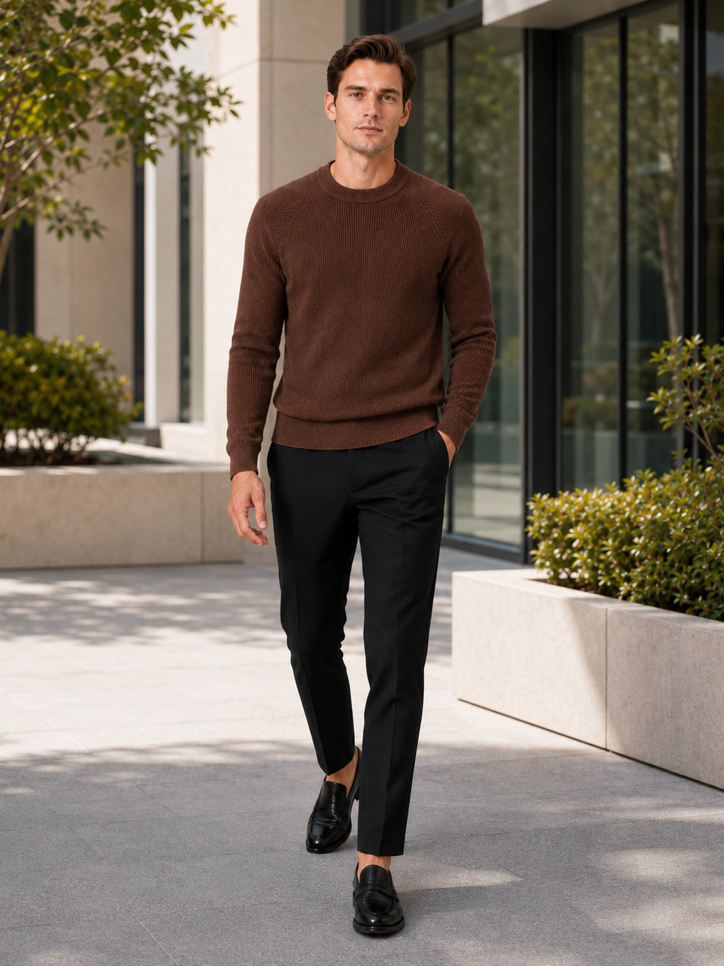 Man styling brown crew neck sweater in a warm fall winter business casual lifestyle outfit
