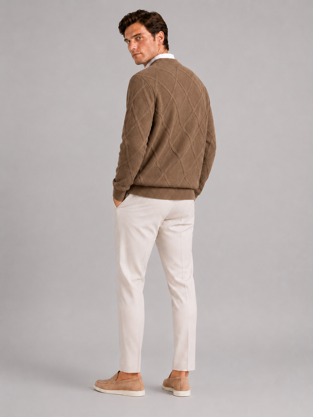 Men’s brown fleece knit pullover warm casual sweater for fall winter outfits