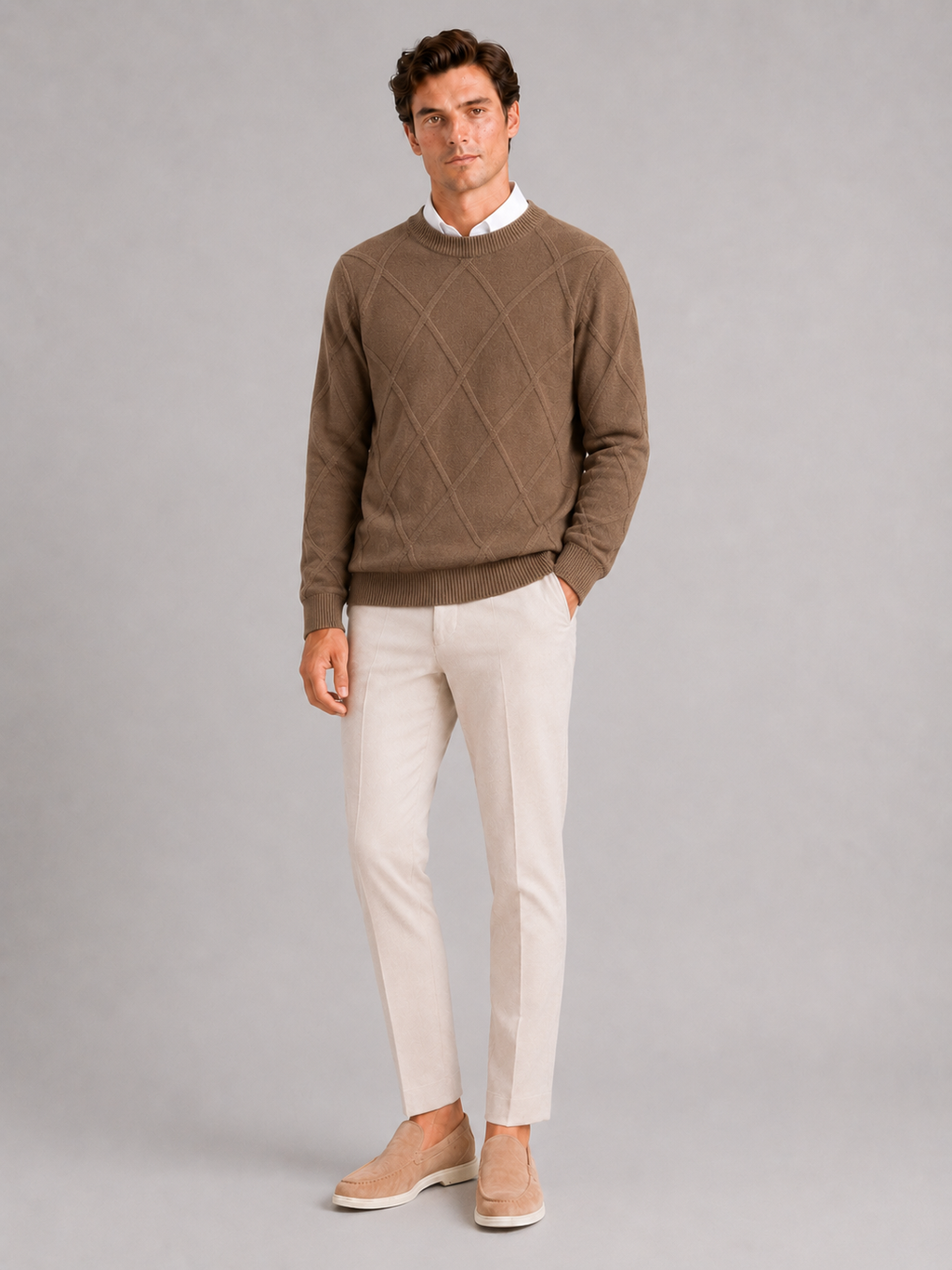 Brown crew neck cable knit sweater for men loose fit warm pullover for everyday winter wear