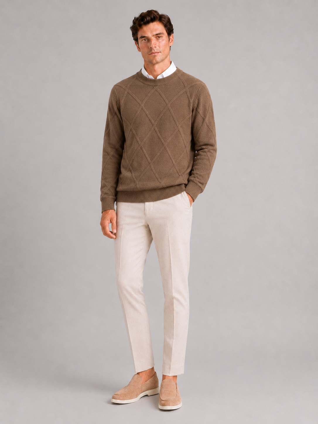 Brown crew neck cable knit sweater for men loose fit warm pullover for everyday winter wear