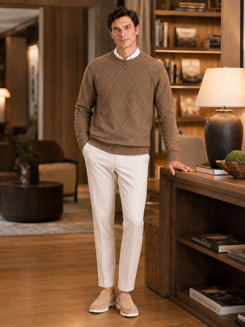 Man styling brown cable knit sweater in a warm cold weather lifestyle outfit