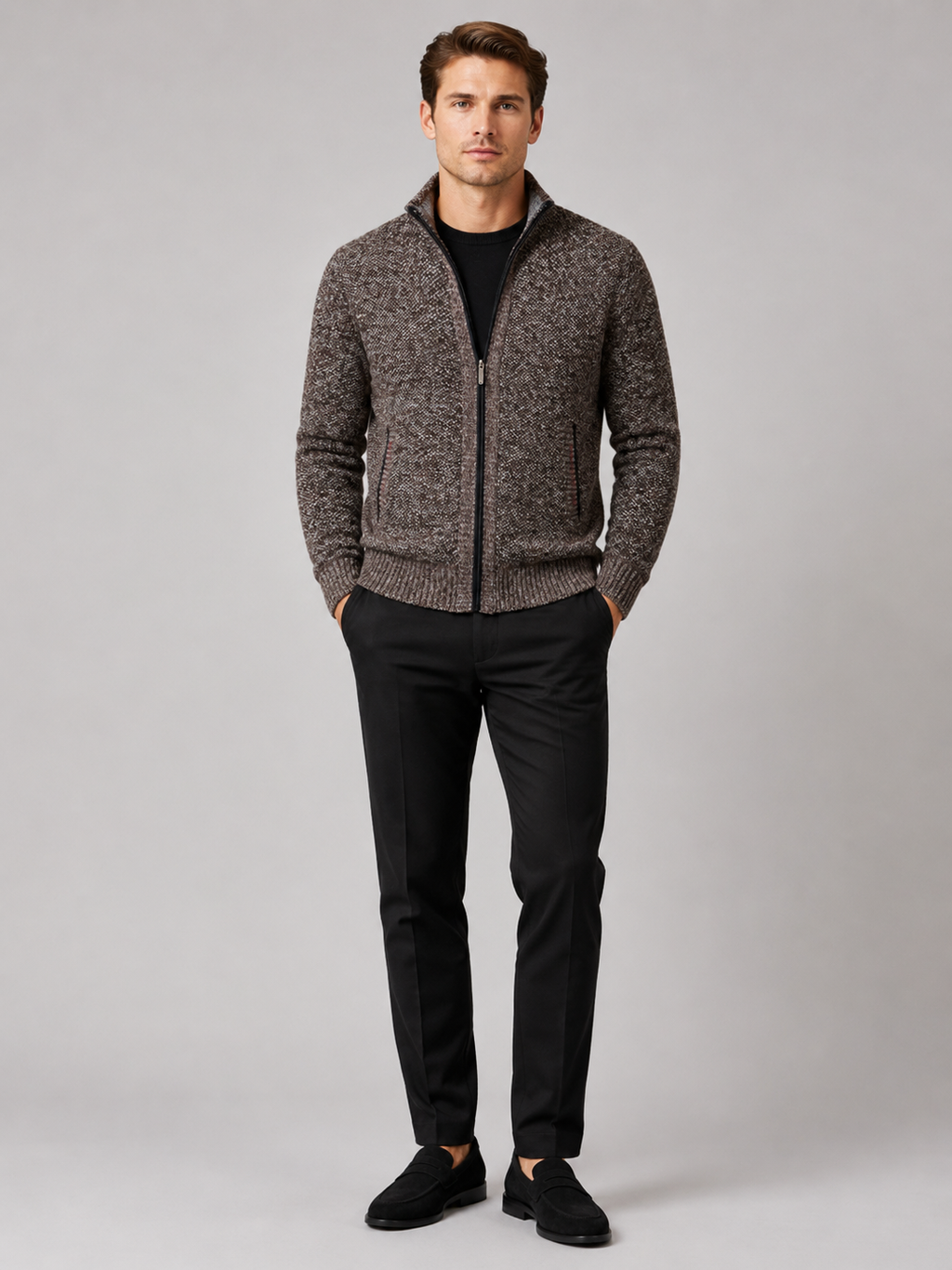 Brown fleece cardigan sweater for men full zip warm knit jacket for everyday wear