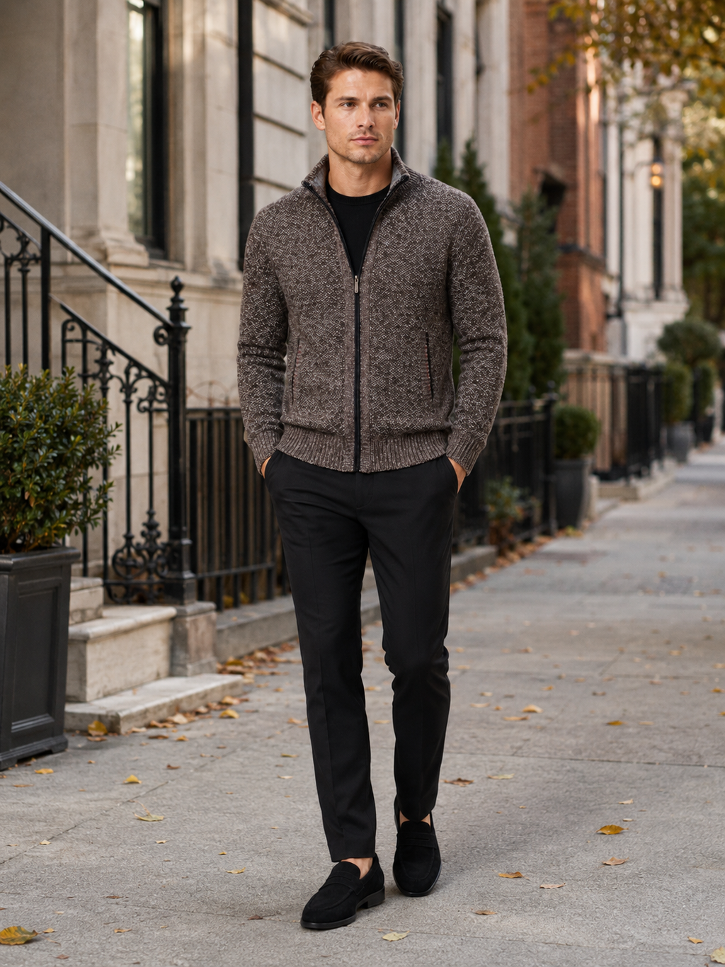 Man styling brown fleece cardigan sweater in a relaxed everyday winter lifestyle outfit